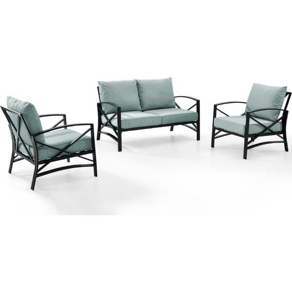 Crosley 3 Piece Kaplan Outdoor Seating Set with Mist Cushion - Loveseat, Two Kaplan Outdoor Chairs KO60011BZ-MI